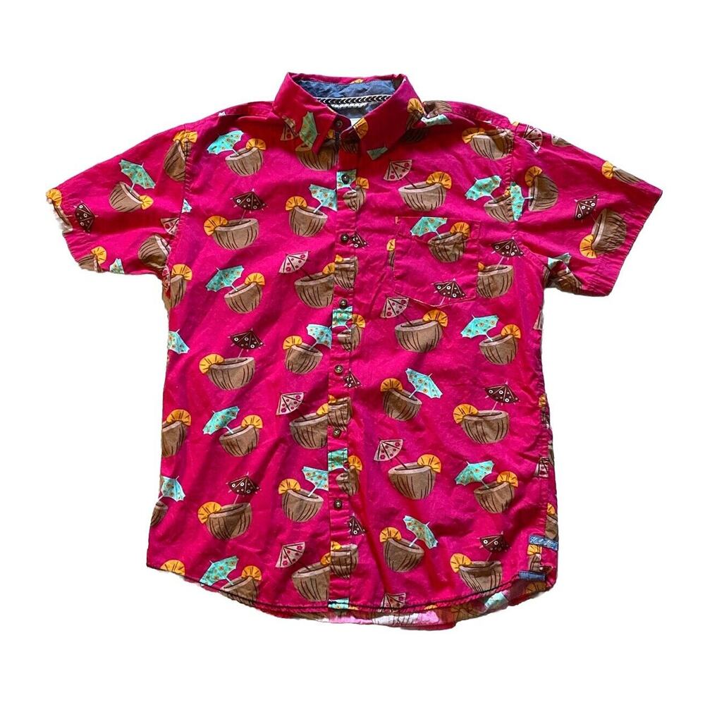 Huntington Beach Club Button Up Casual Shirt Size Large Pink Hawaiian Beach